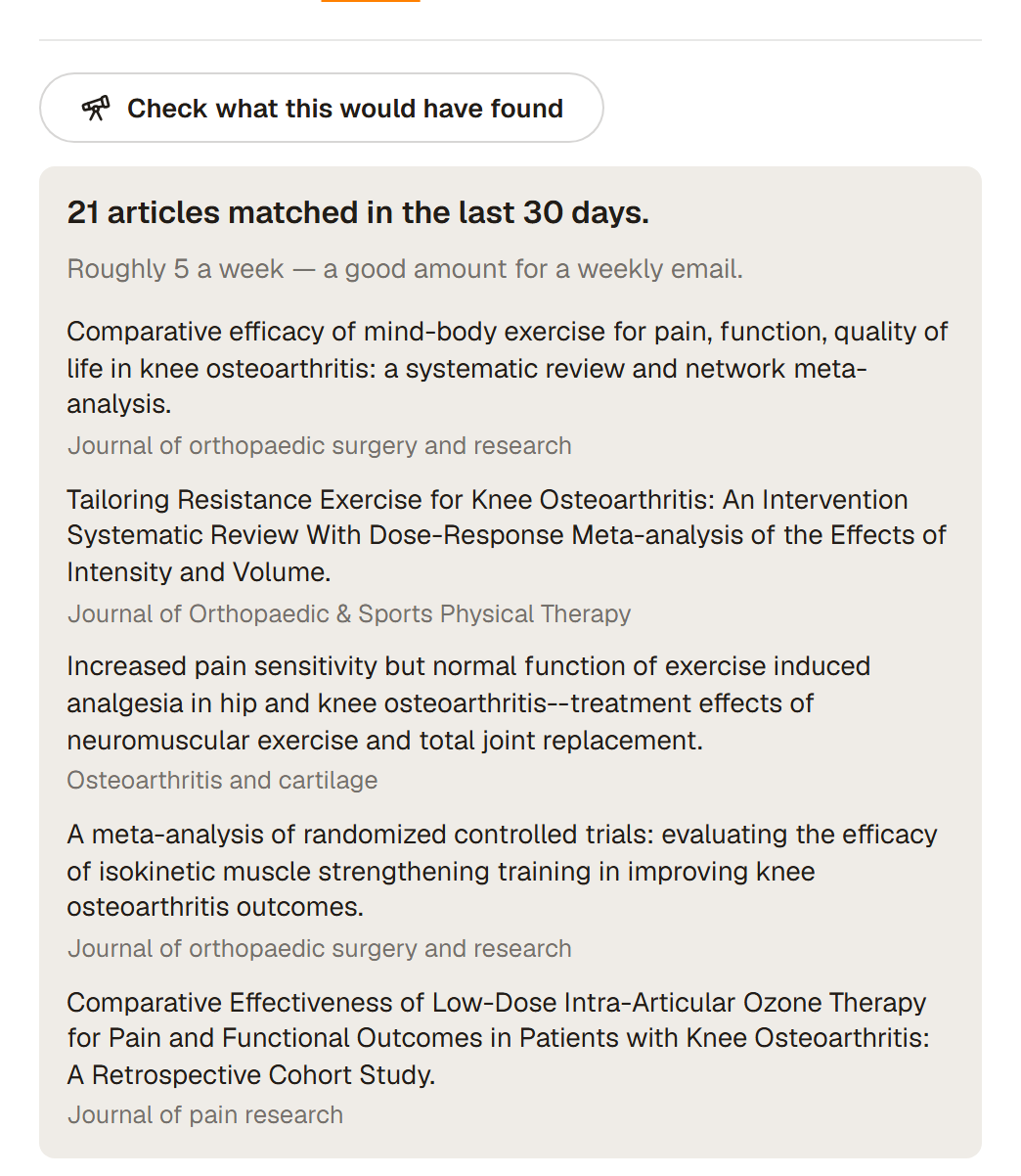 The save dialog after the check has run, reporting how many articles the search would have caught recently, what that means for how often it will email, and a few example papers.