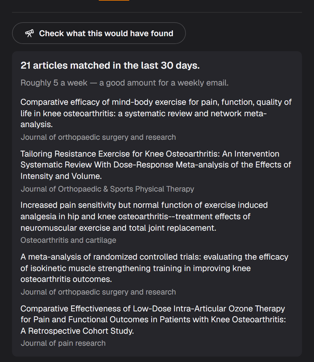 The save dialog after the check has run, reporting how many articles the search would have caught recently, what that means for how often it will email, and a few example papers.