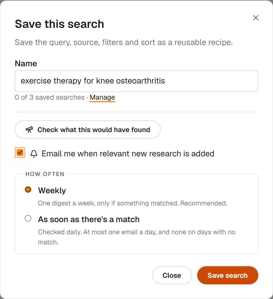 The Save this search dialog, with a name for the search, how many saved searches the plan allows, a button to check what the search would have found, and a tick box to be emailed when new research matches.