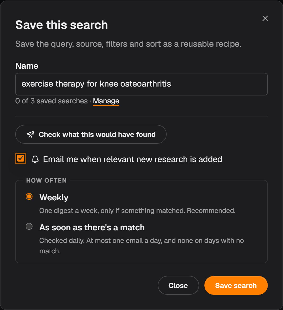 The Save this search dialog, with a name for the search, how many saved searches the plan allows, a button to check what the search would have found, and a tick box to be emailed when new research matches.