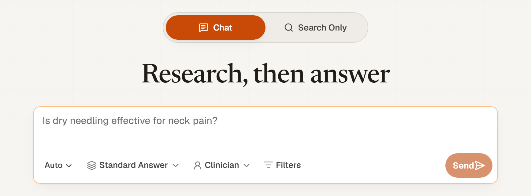 The Chat tab of PhysioKeys Search, with the message box and its format, depth, audience and filter controls underneath.