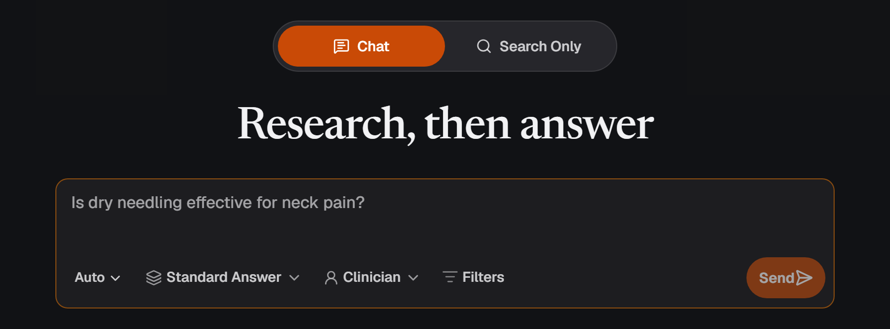 The Chat tab of PhysioKeys Search, with the message box and its format, depth, audience and filter controls underneath.