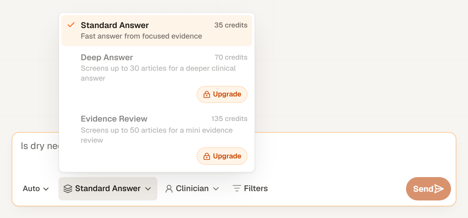 The depth menu open under the Chat message box, listing Standard Answer, Deep Answer and Evidence Review with the credits each uses.