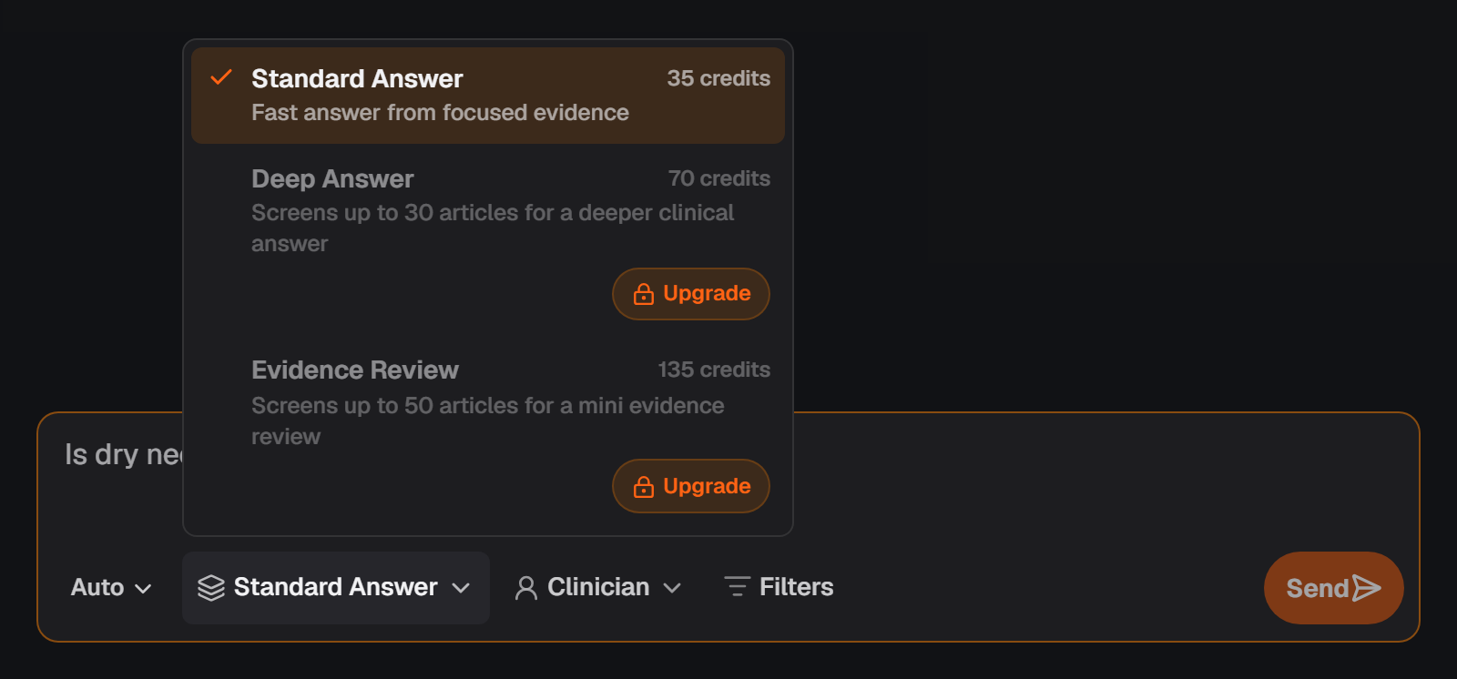 The depth menu open under the Chat message box, listing Standard Answer, Deep Answer and Evidence Review with the credits each uses.