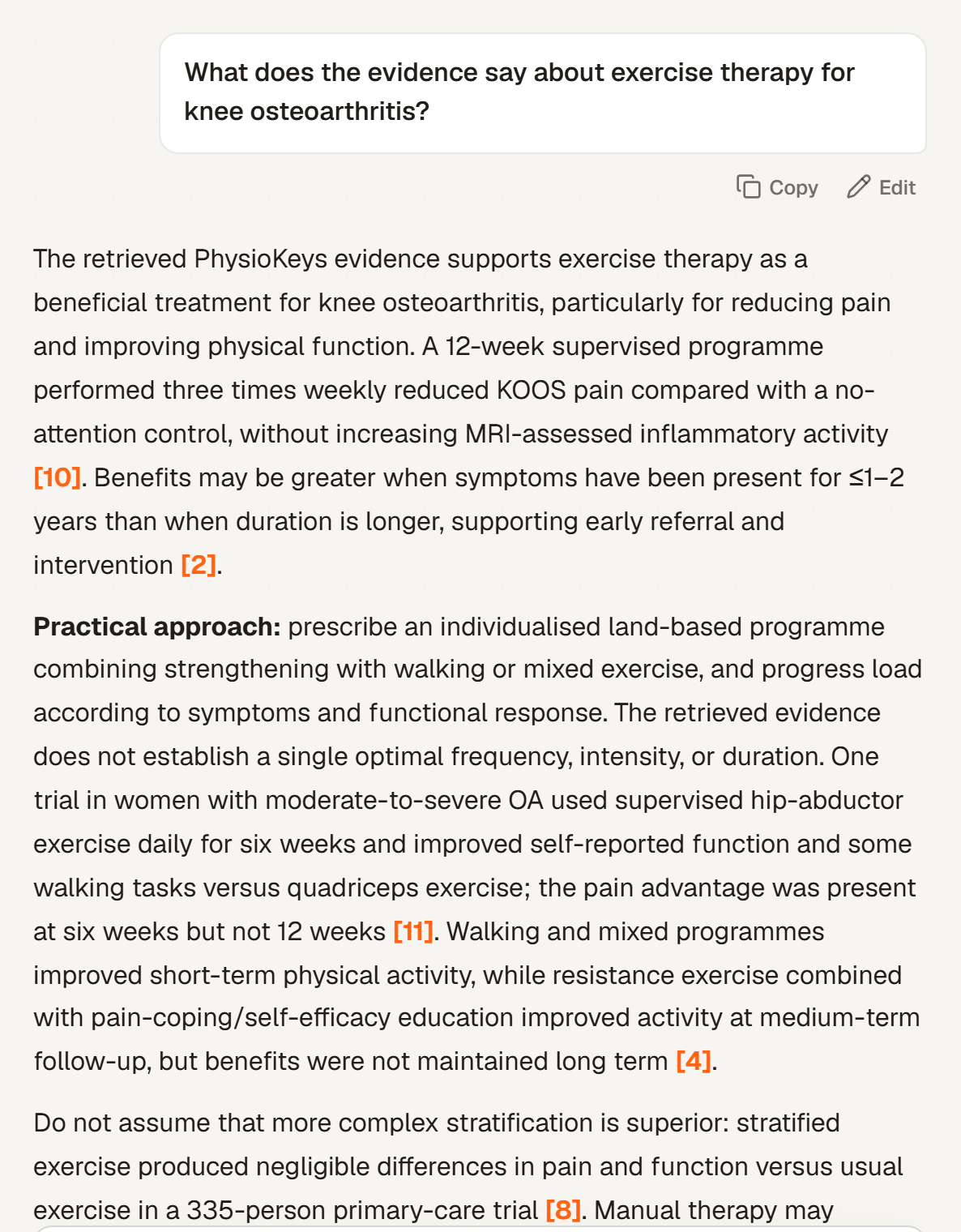 A Research Chat reply about exercise therapy for knee osteoarthritis, with numbered citations in the text.
