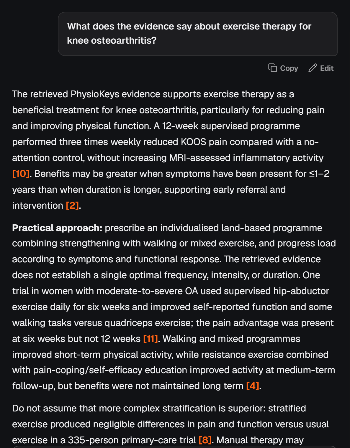 A Research Chat reply about exercise therapy for knee osteoarthritis, with numbered citations in the text.