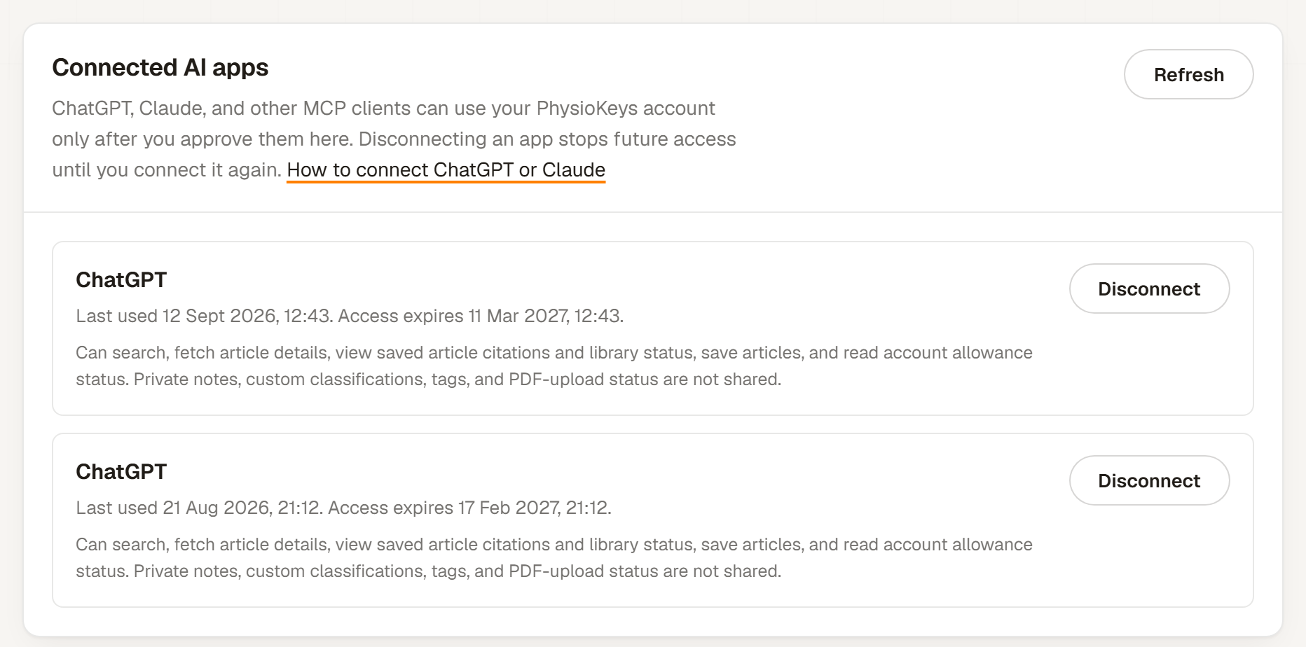 The Connected apps tab in PhysioKeys Account, where connected AI assistants are listed and can be disconnected.