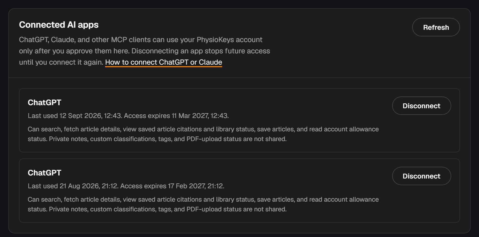 The Connected apps tab in PhysioKeys Account, where connected AI assistants are listed and can be disconnected.