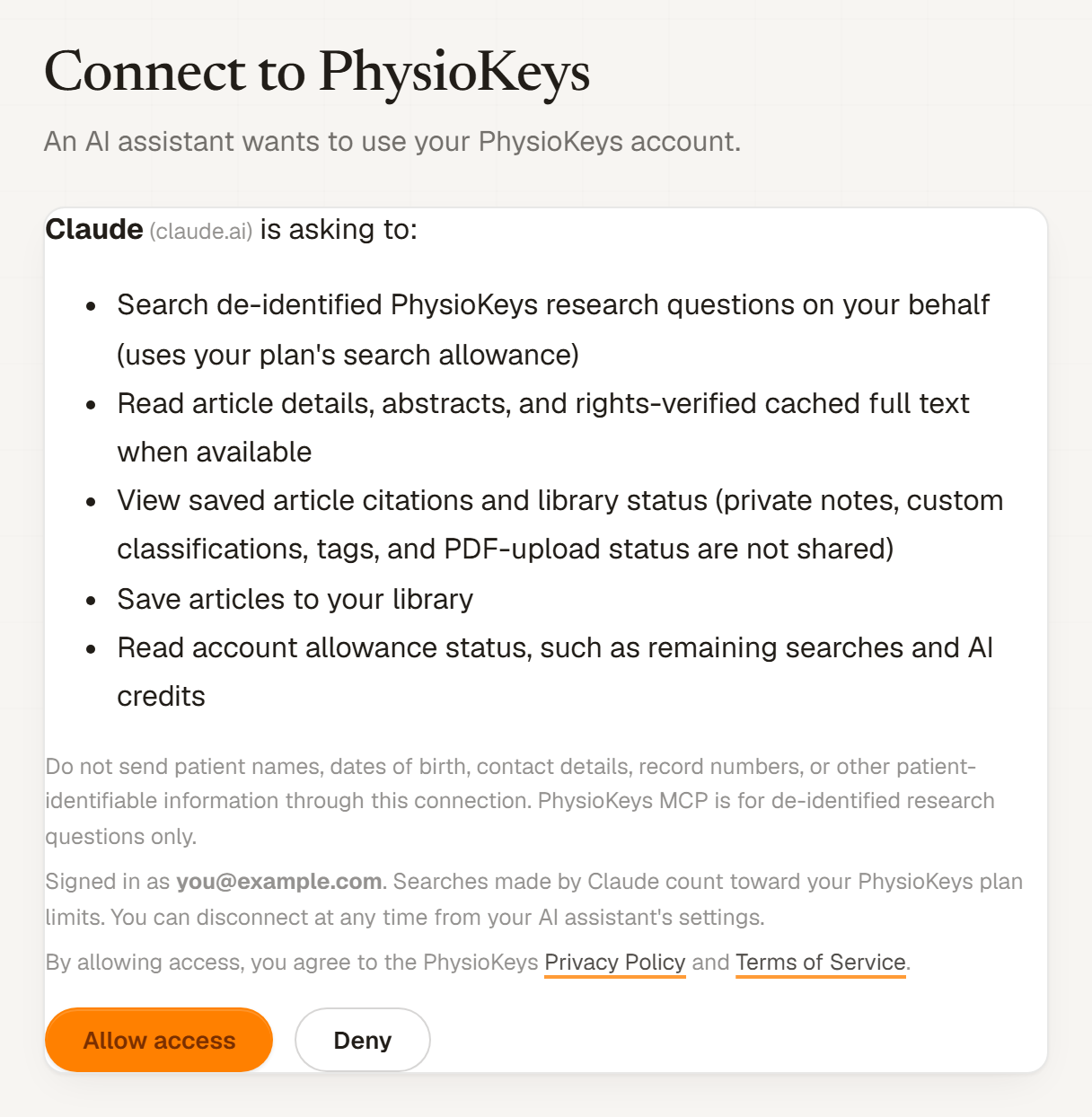 The PhysioKeys approval page, listing what Claude is asking to do, with Allow access and Deny buttons.