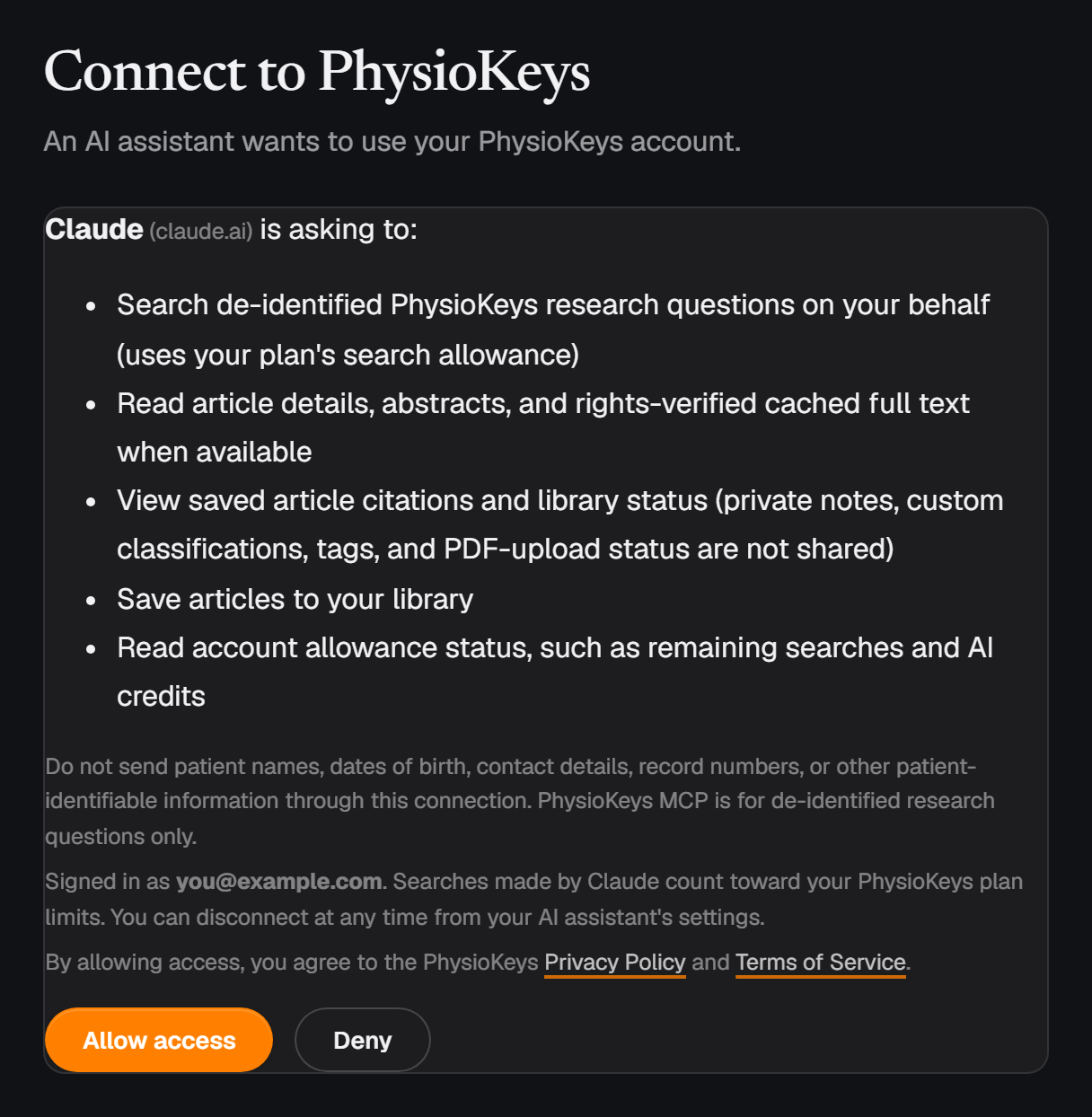 The PhysioKeys approval page, listing what Claude is asking to do, with Allow access and Deny buttons.