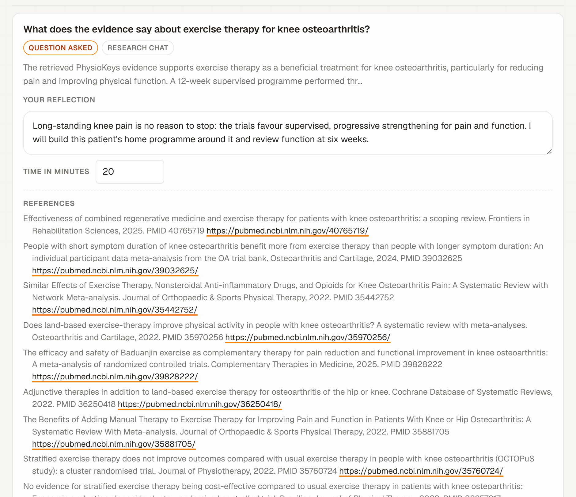 A question entry in the CPD log, labelled Question asked and Research Chat, with a written reflection, a self-reported time in minutes, and the references its reply cited.