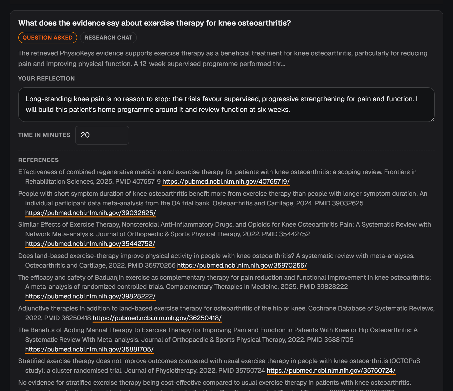 A question entry in the CPD log, labelled Question asked and Research Chat, with a written reflection, a self-reported time in minutes, and the references its reply cited.