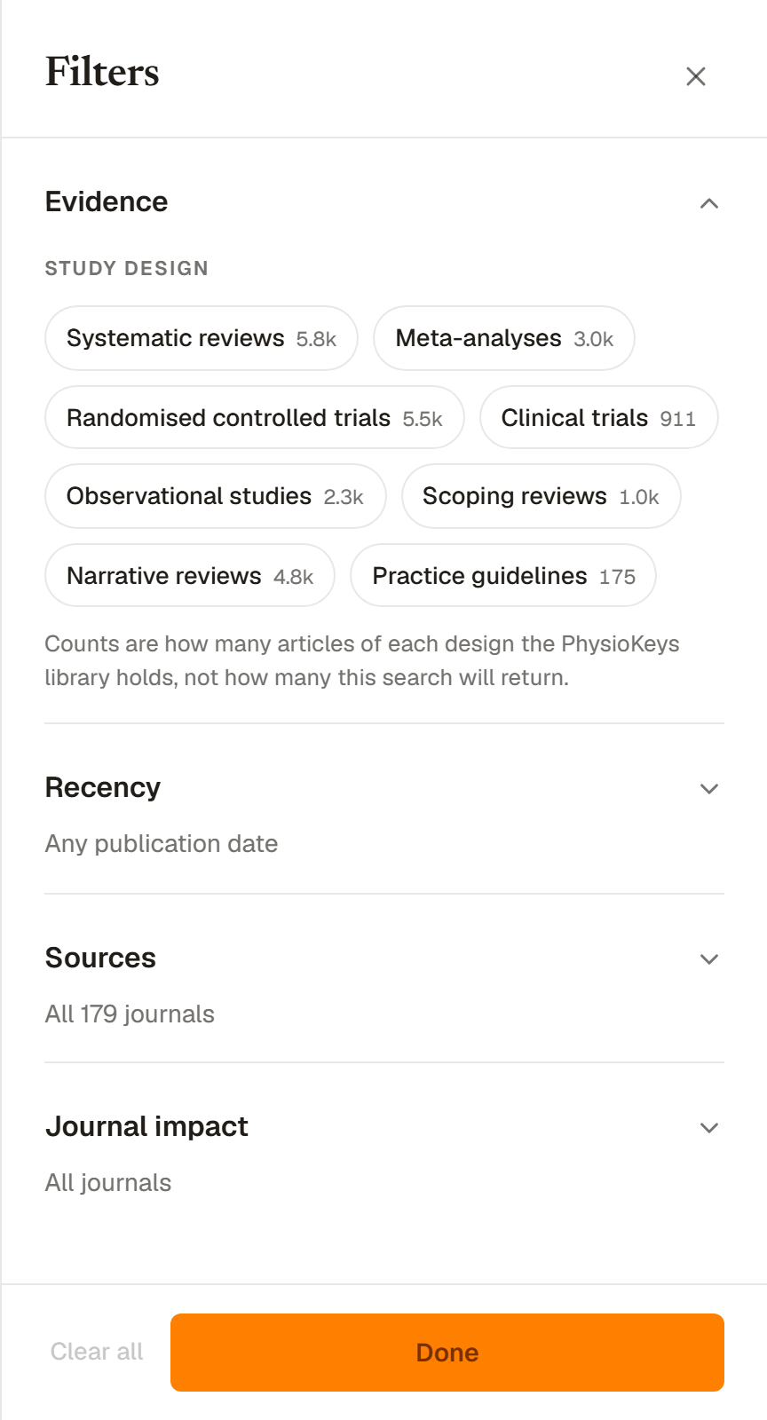 The filters panel shared by Chat and Search, listing study designs with the number of articles of each in the library, then recency, sources and journal impact.