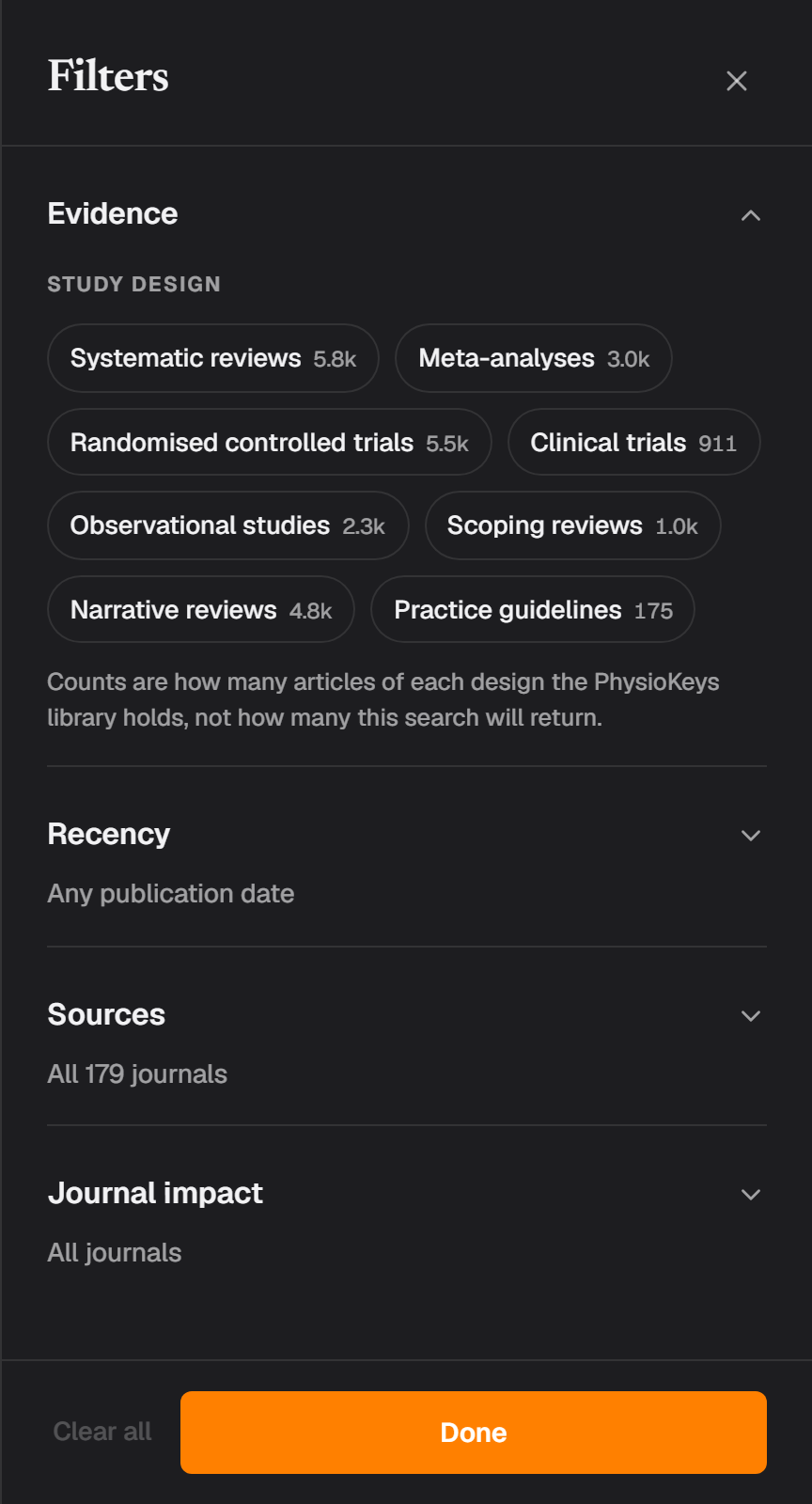 The filters panel shared by Chat and Search, listing study designs with the number of articles of each in the library, then recency, sources and journal impact.
