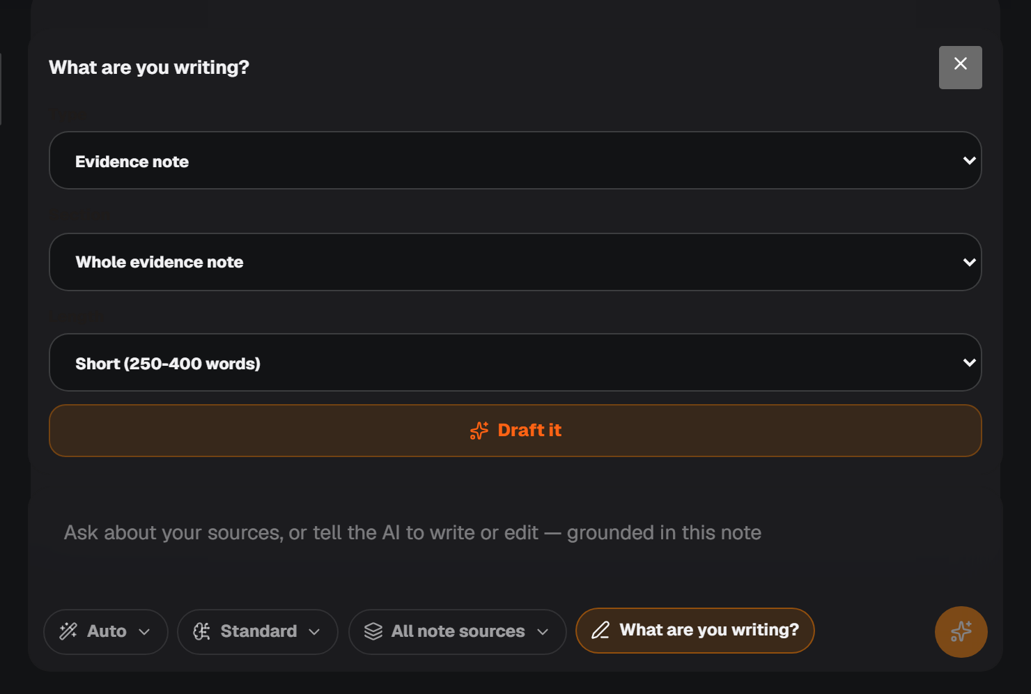 The writing assistant at the bottom of a note, with its What are you writing? menu open to choose a type, section and length.