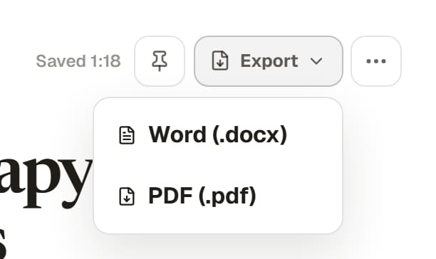 The Export menu on a note, offering Word (.docx) and PDF (.pdf).