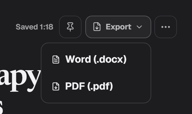 The Export menu on a note, offering Word (.docx) and PDF (.pdf).