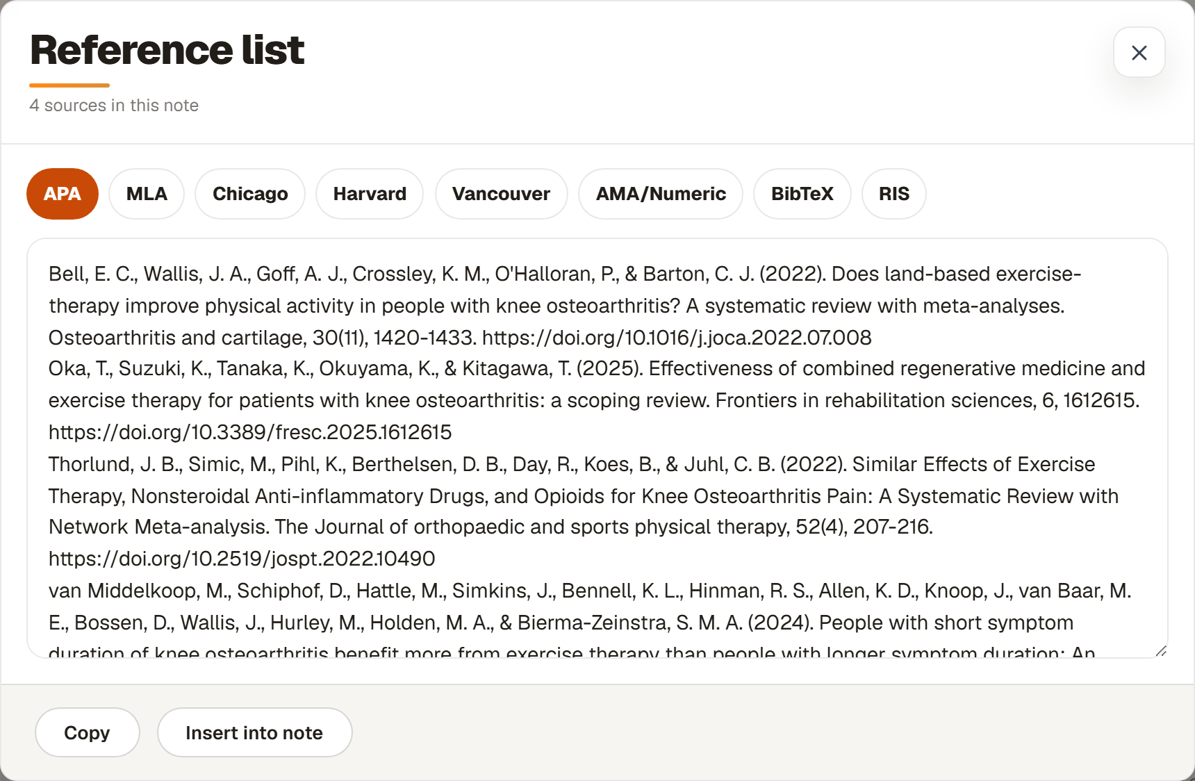 The Reference list window showing the note's papers formatted in APA, with style tabs and Copy and Insert into note buttons.