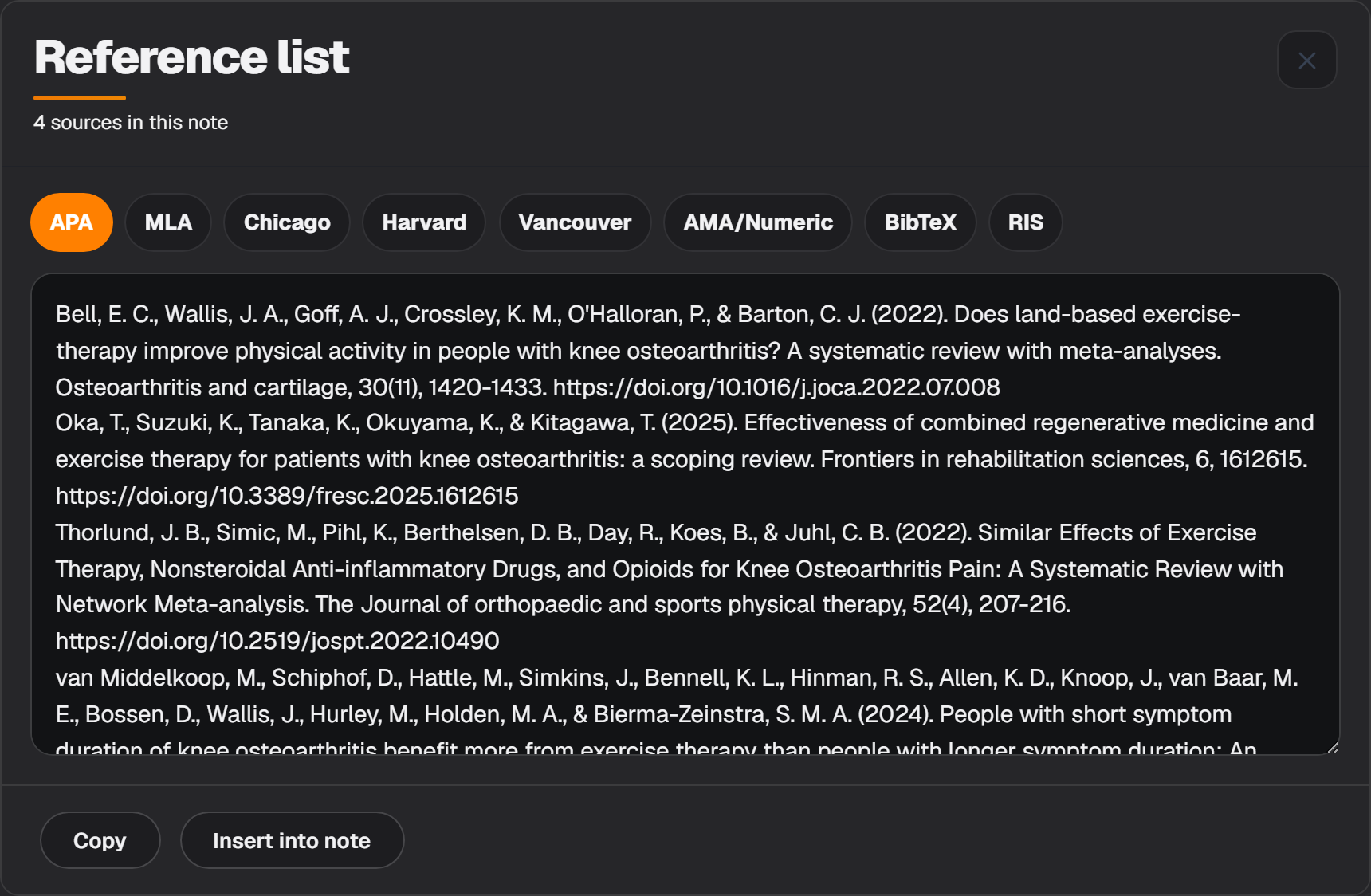 The Reference list window showing the note's papers formatted in APA, with style tabs and Copy and Insert into note buttons.