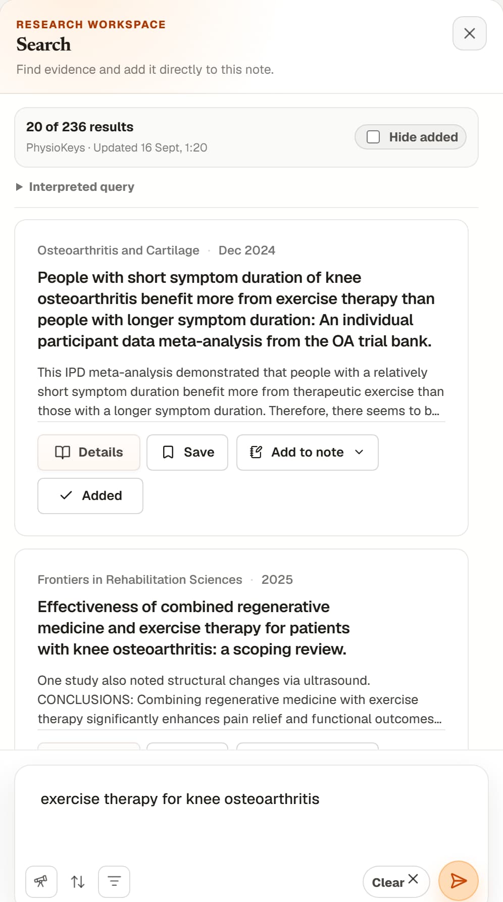 The Search panel open beside a note, with results for exercise therapy in knee osteoarthritis and Add to note buttons, some already marked Added.