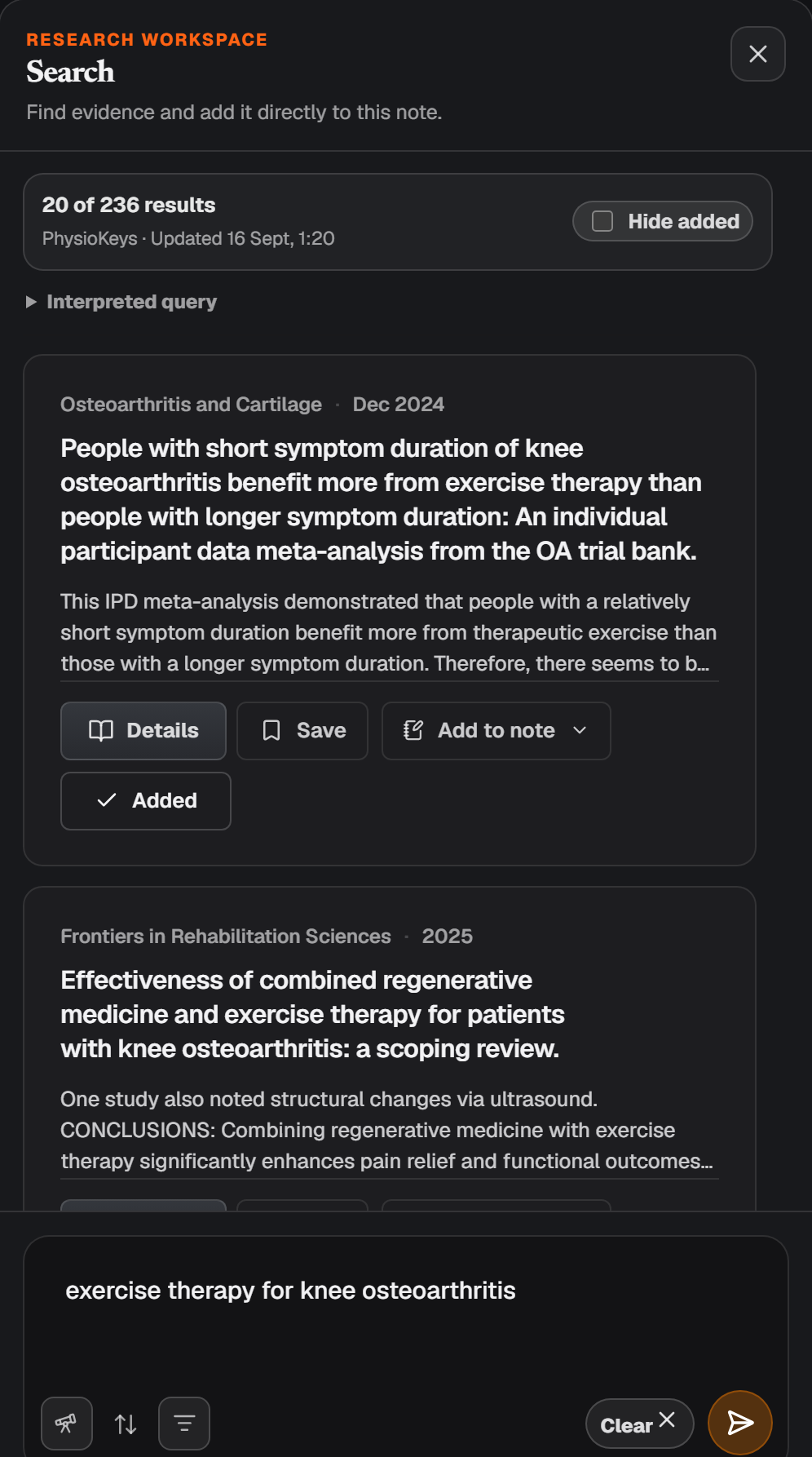 The Search panel open beside a note, with results for exercise therapy in knee osteoarthritis and Add to note buttons, some already marked Added.