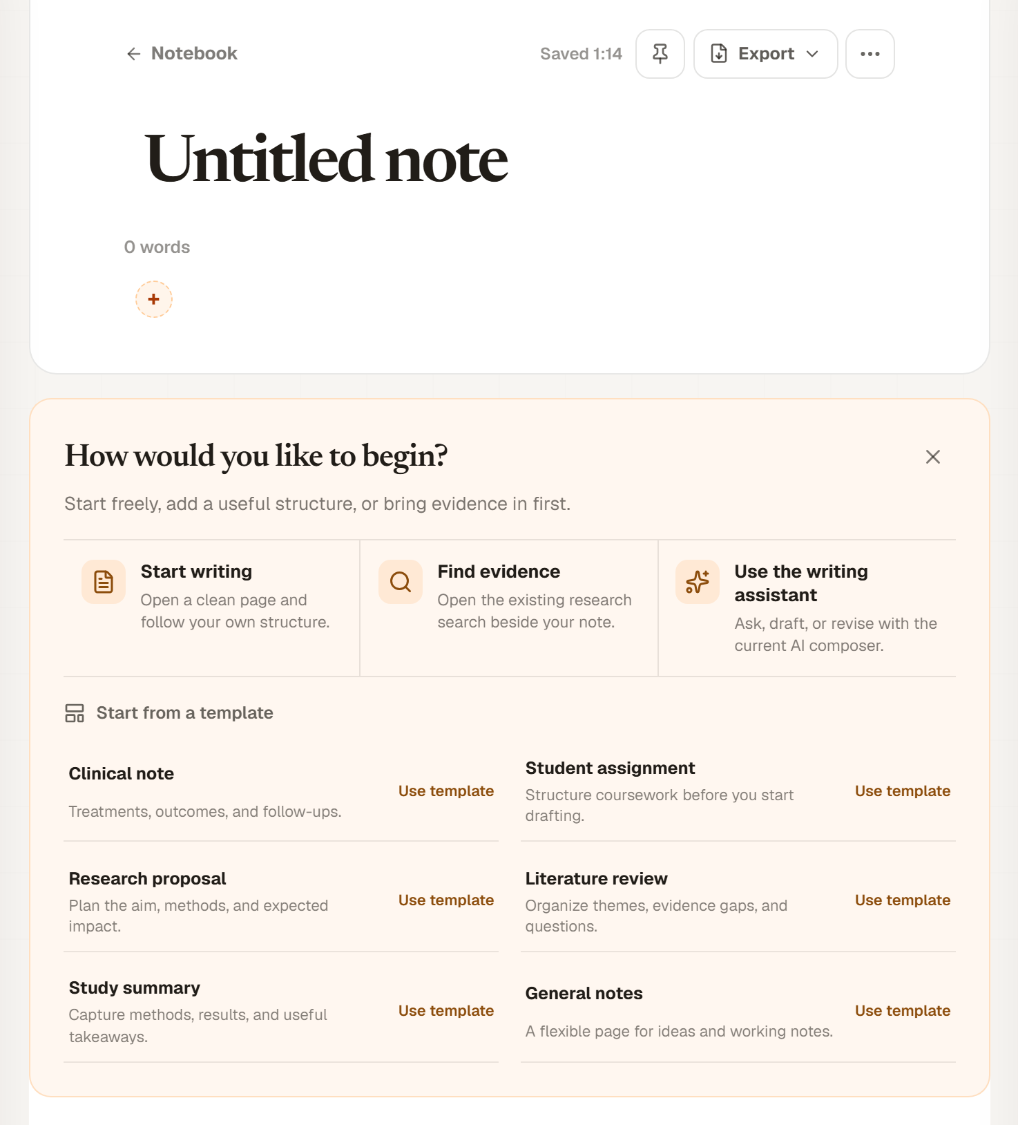 A new, empty note with its start panel: Start writing, Find evidence and Use the writing assistant, then a row of templates.