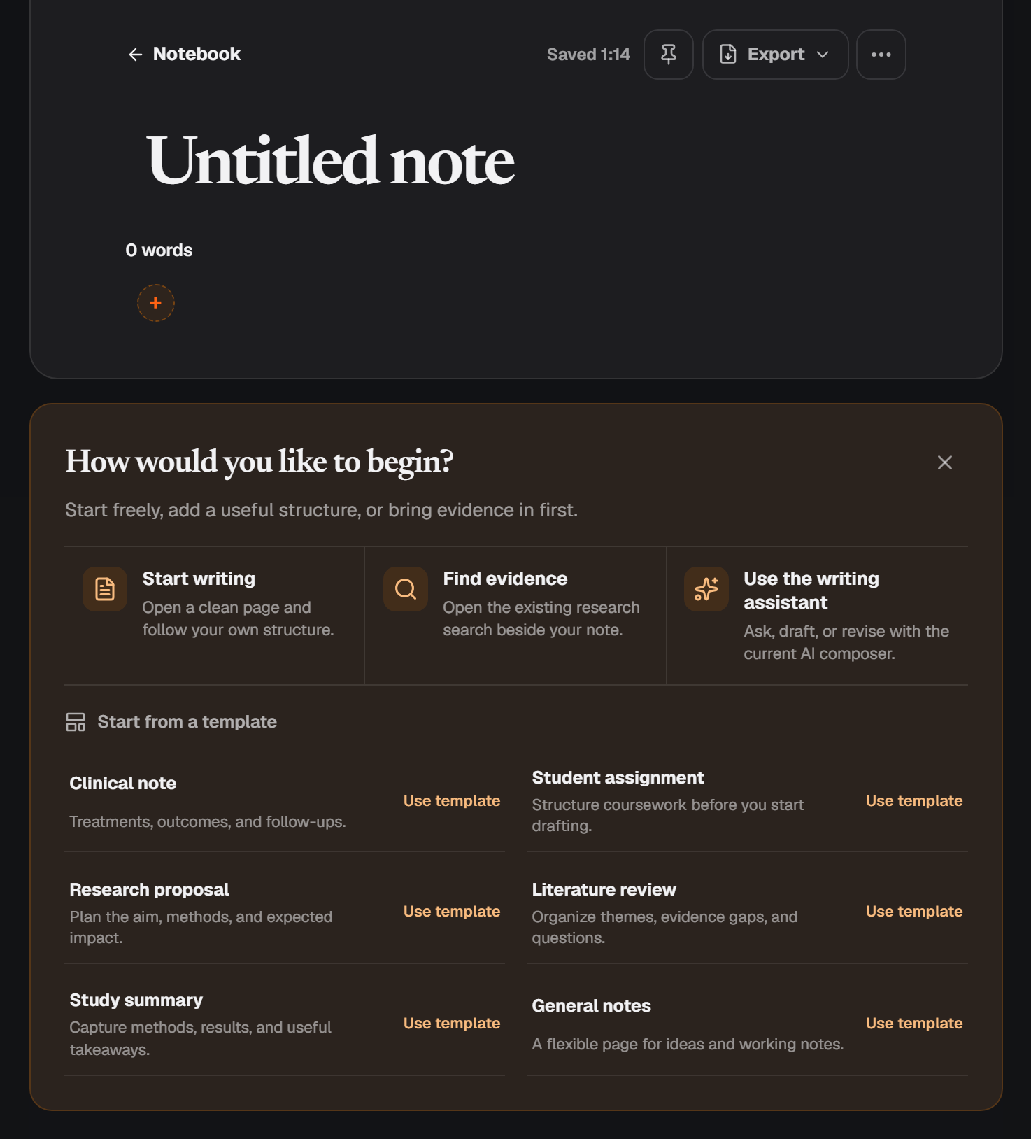 A new, empty note with its start panel: Start writing, Find evidence and Use the writing assistant, then a row of templates.