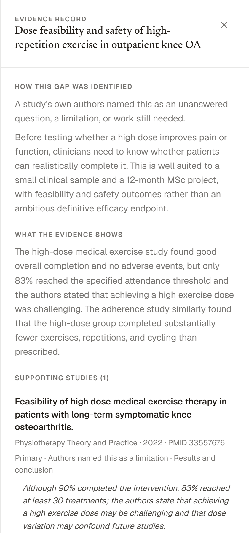 The evidence record behind one research gap, listing the studies it was built from, what each one contributes, and the passage supporting the gap.