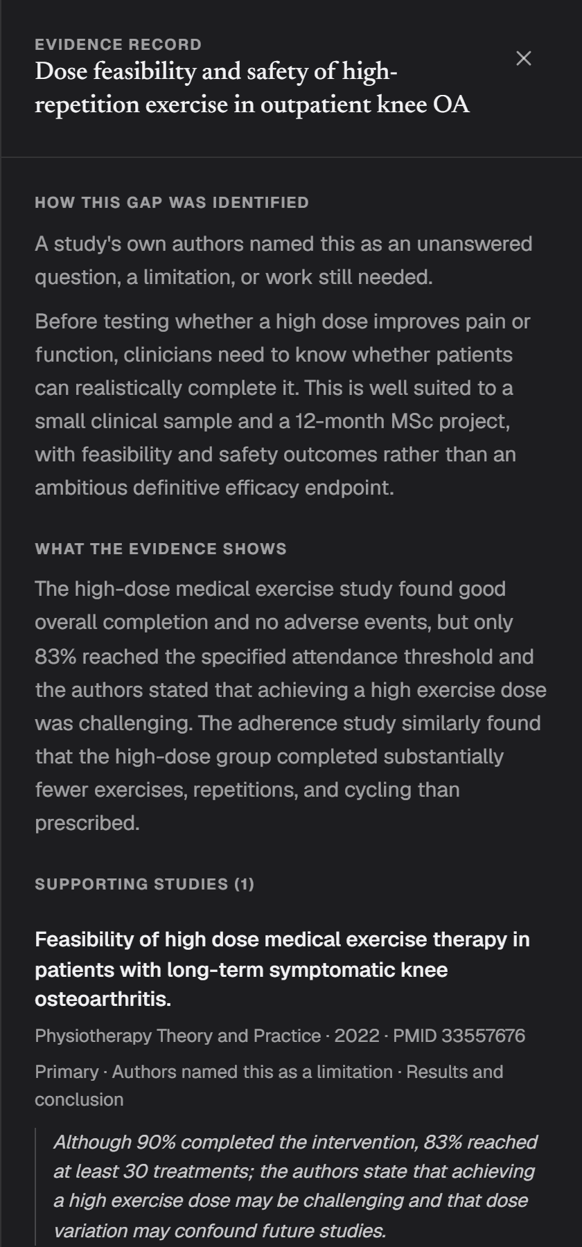 The evidence record behind one research gap, listing the studies it was built from, what each one contributes, and the passage supporting the gap.