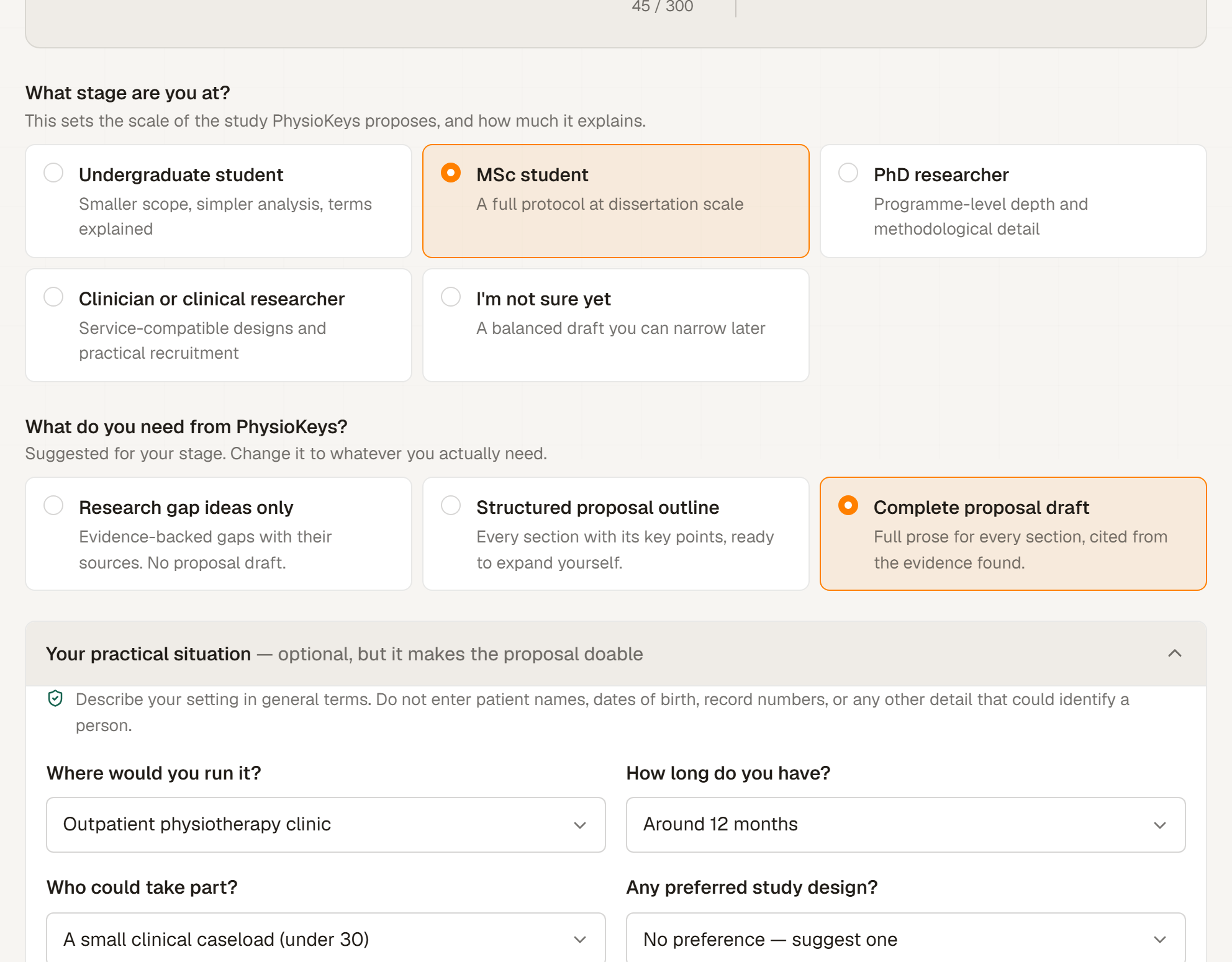 The Research Proposal Builder's setup form: the stage the reader is at, what they want from PhysioKeys, and the setting, time, participants and study design that limit what it may suggest.