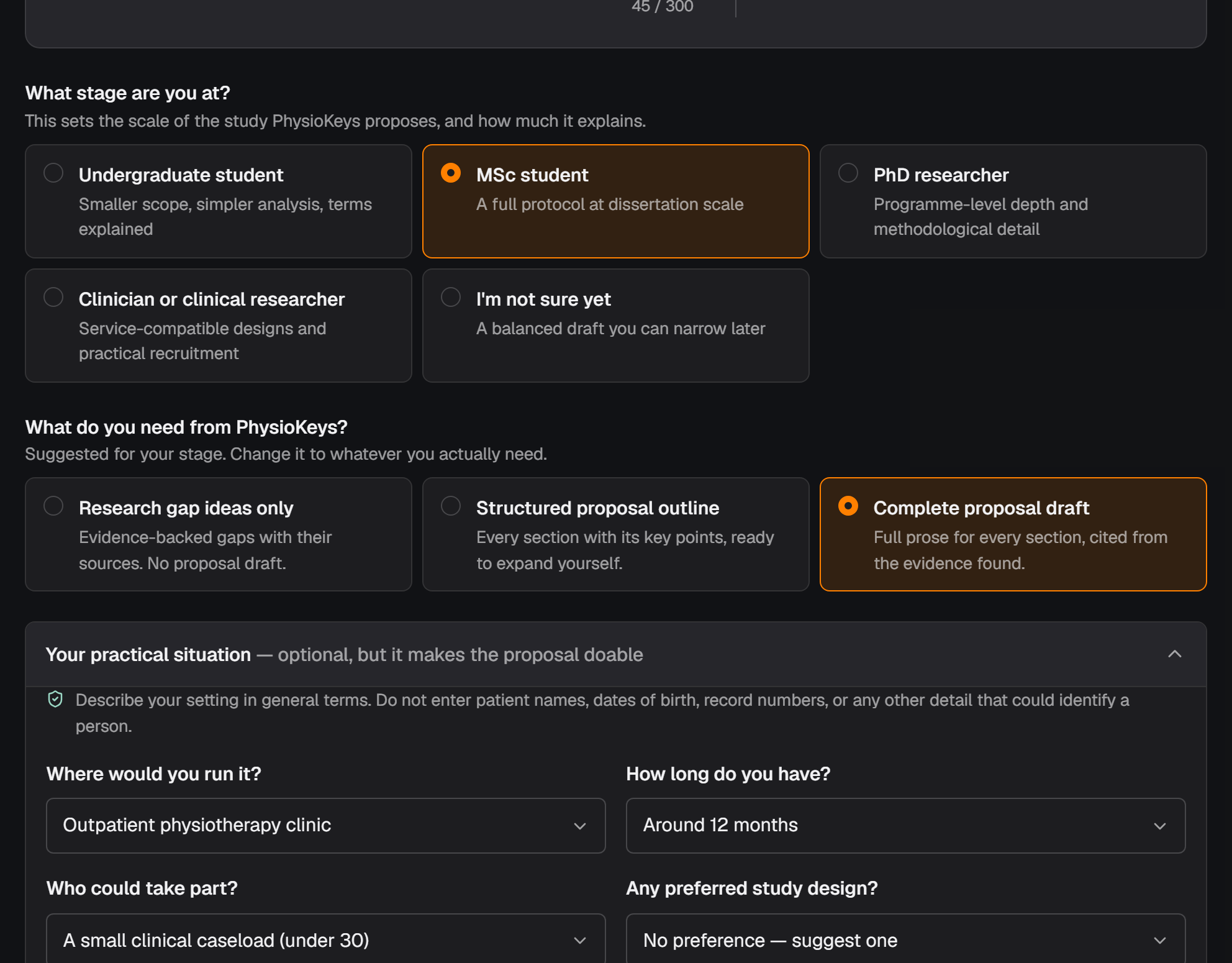The Research Proposal Builder's setup form: the stage the reader is at, what they want from PhysioKeys, and the setting, time, participants and study design that limit what it may suggest.