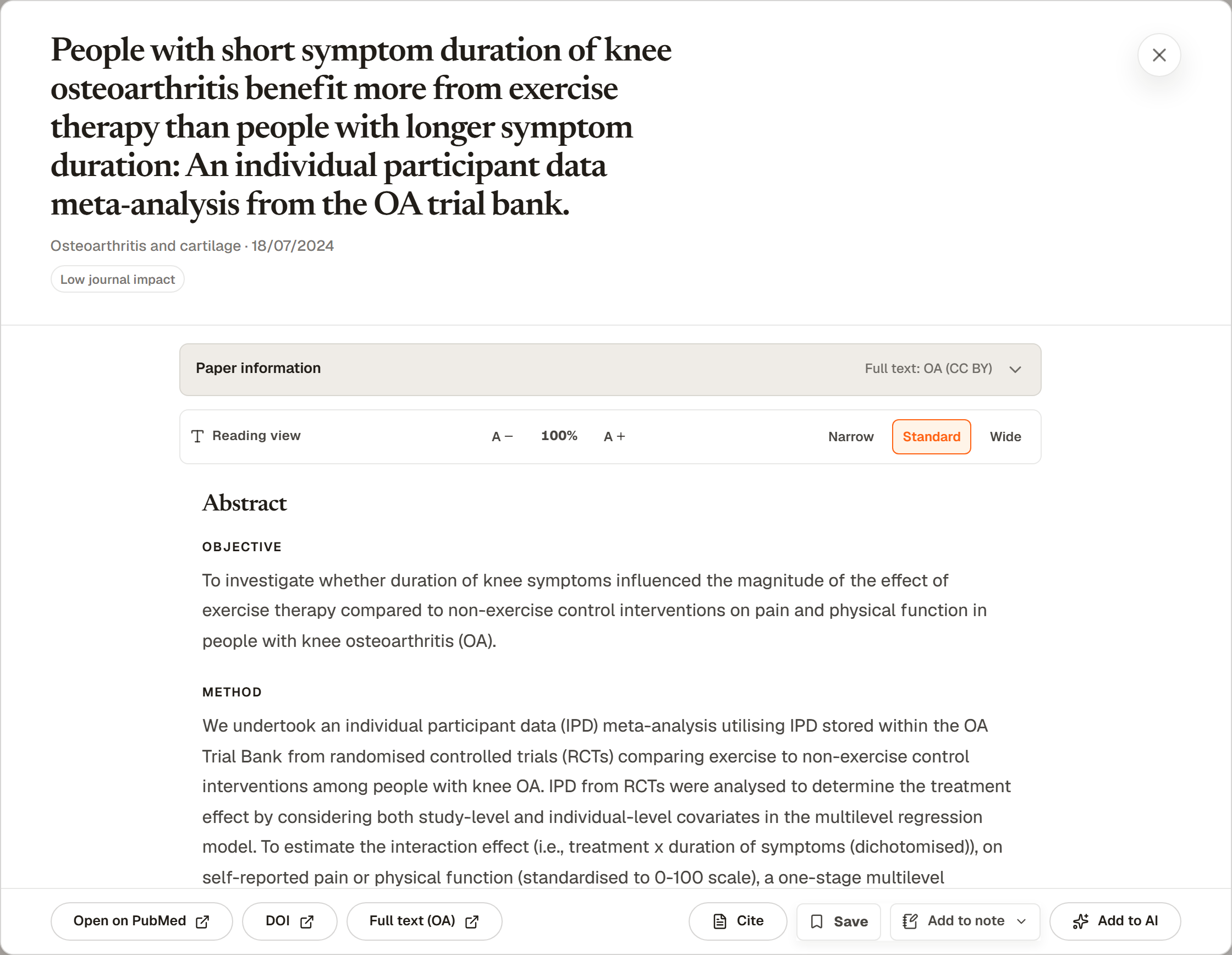 An article opened in the Details reading view, with its paper information and abstract.