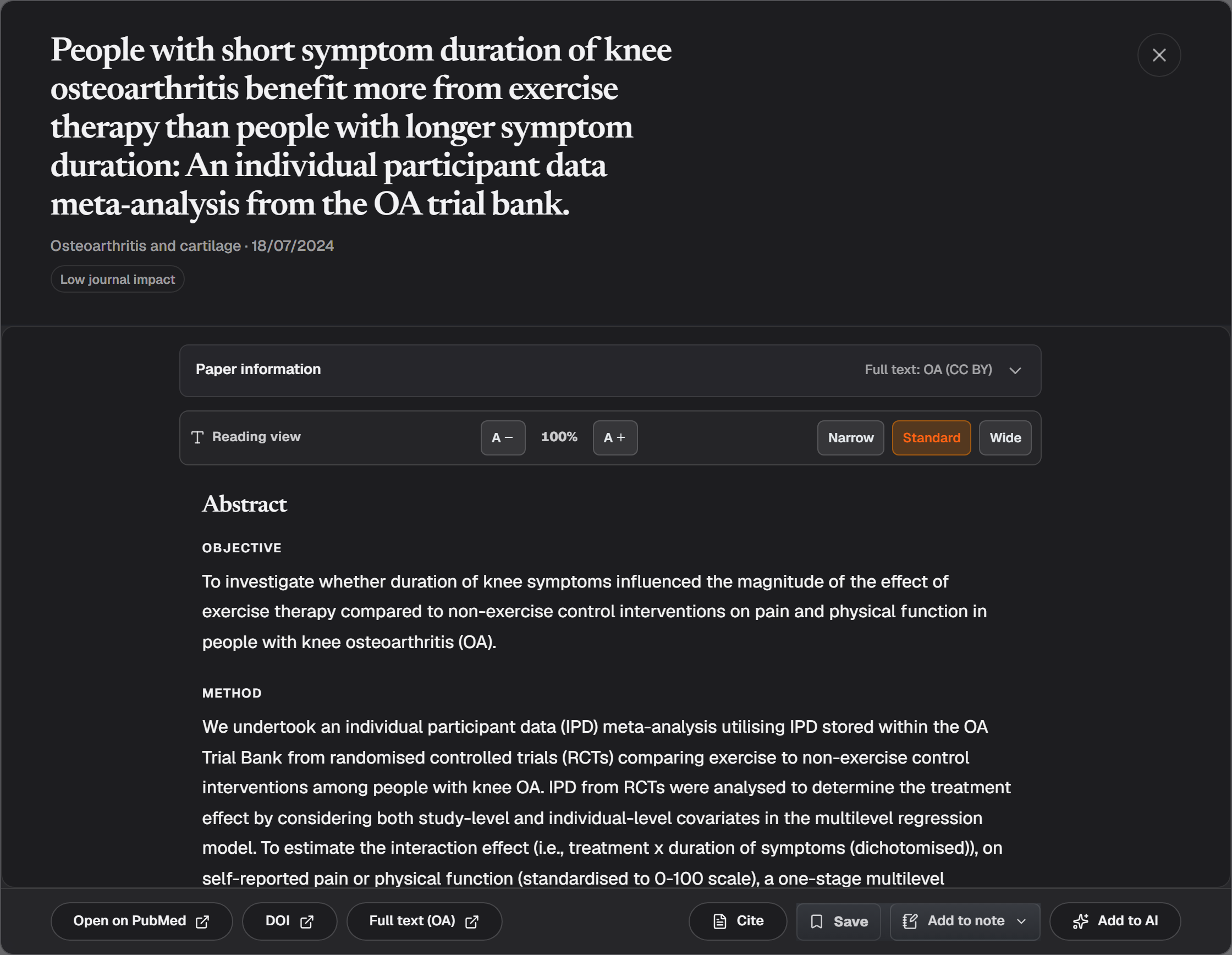 An article opened in the Details reading view, with its paper information and abstract.