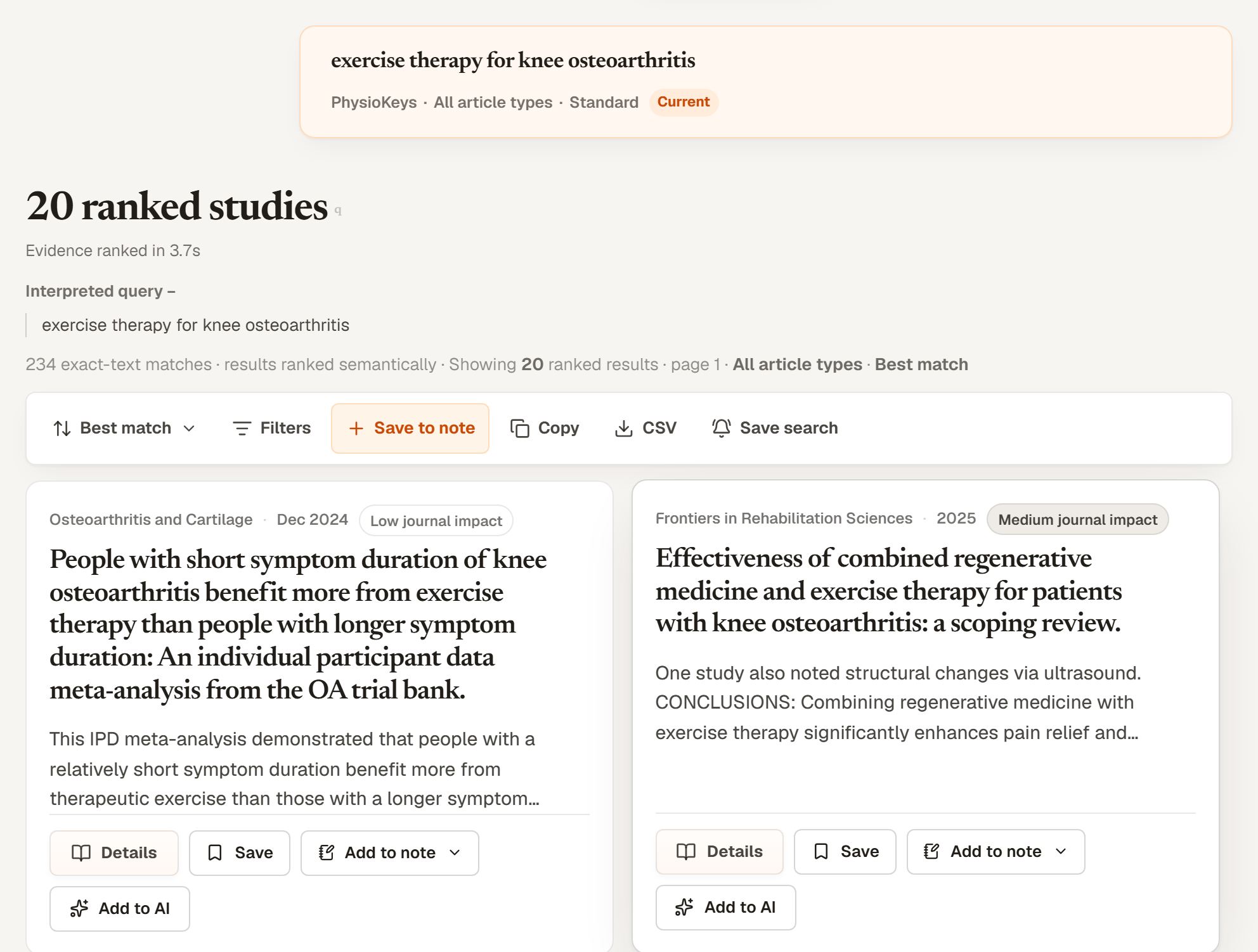 Search results for exercise therapy in knee osteoarthritis: a result count, the results toolbar, and article cards showing journal, date, title and abstract.