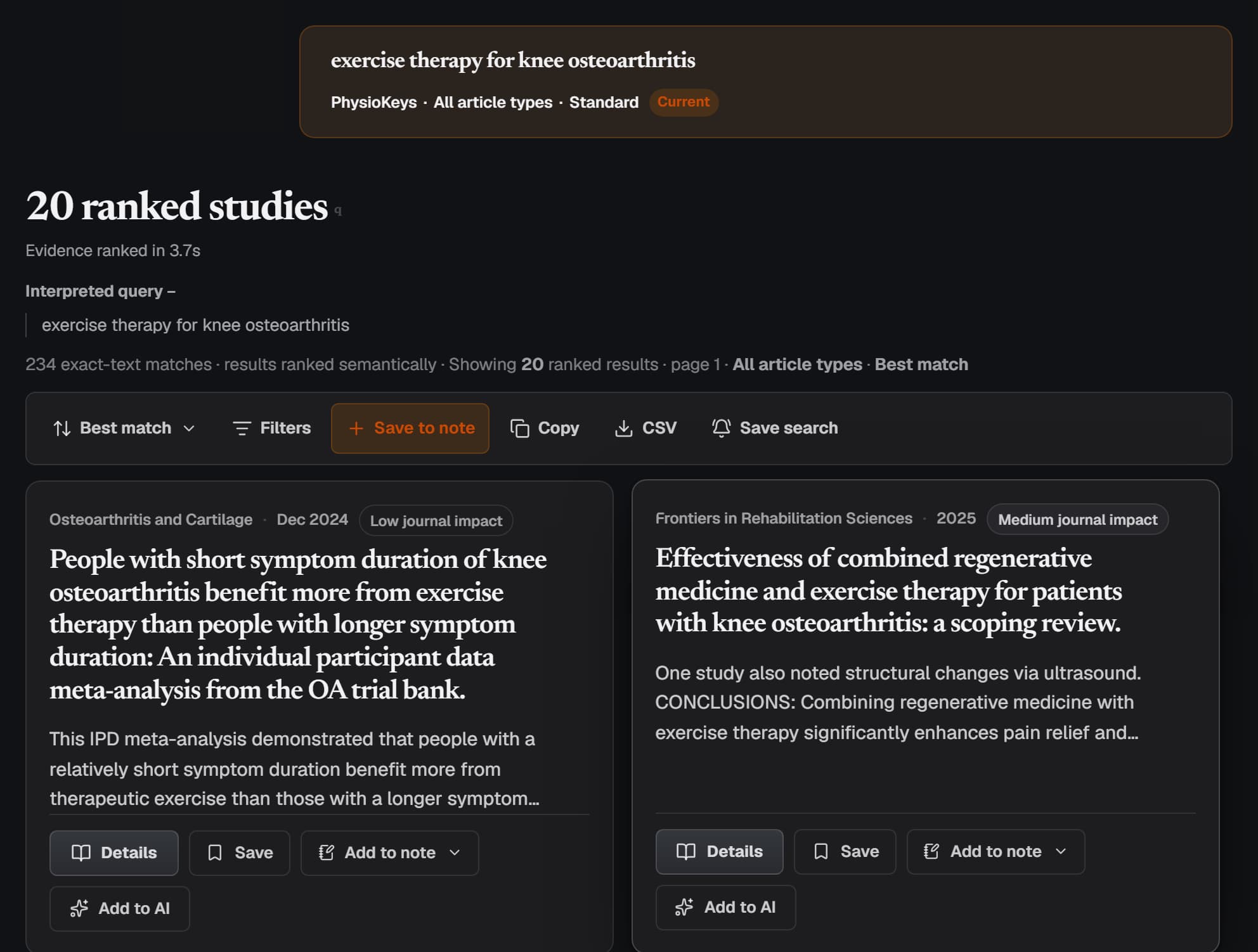 Search results for exercise therapy in knee osteoarthritis: a result count, the results toolbar, and article cards showing journal, date, title and abstract.